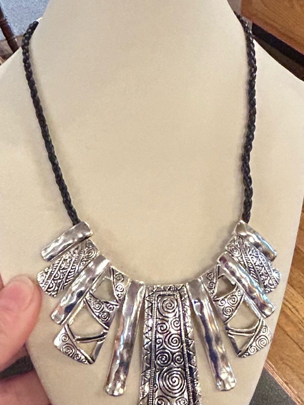 Silver-Tone Tribal Pendant Statement Necklace - Black Cord